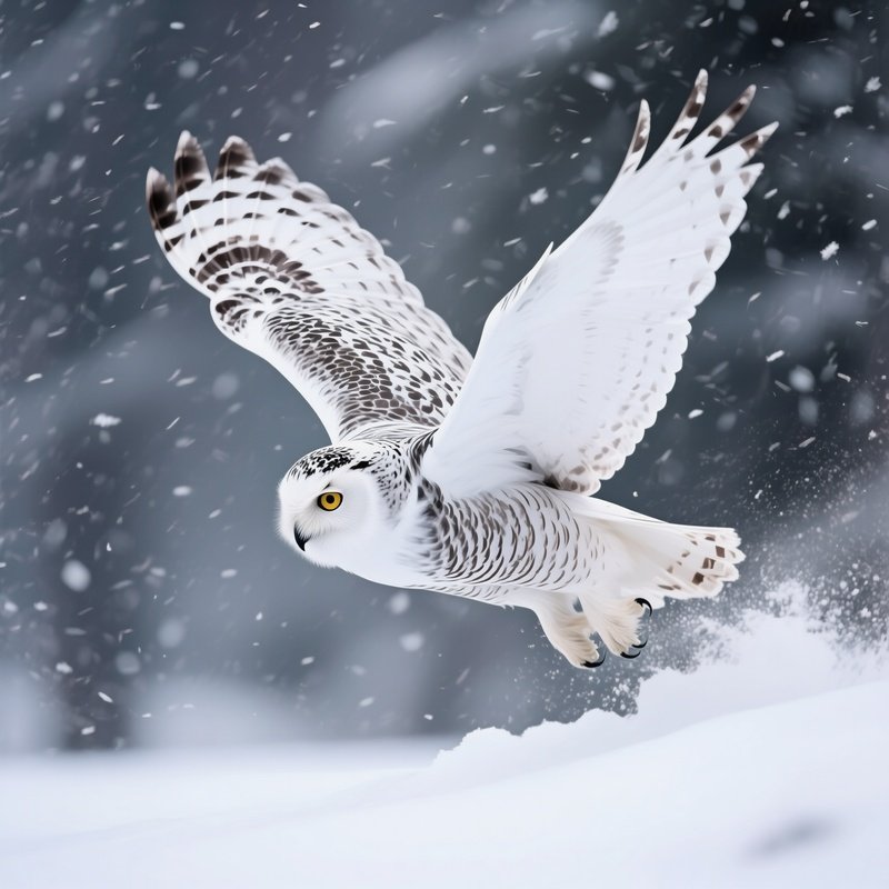 A Wild Snow Owl Diving Silently Through Heavy Snowfall.