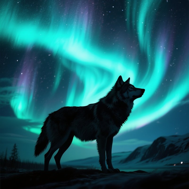 A Wild Wolf Silhouetted Against Swirling Aurora Borealis.