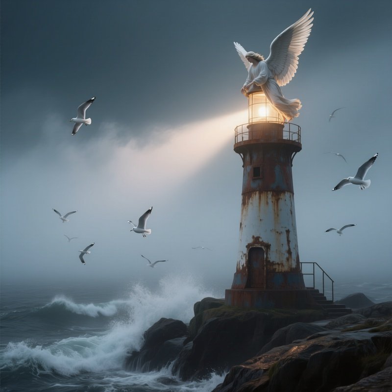 A Winged Guardian Angel Perched On A Rusted Lighthouse Lantern During A Foggy Night, The Beam