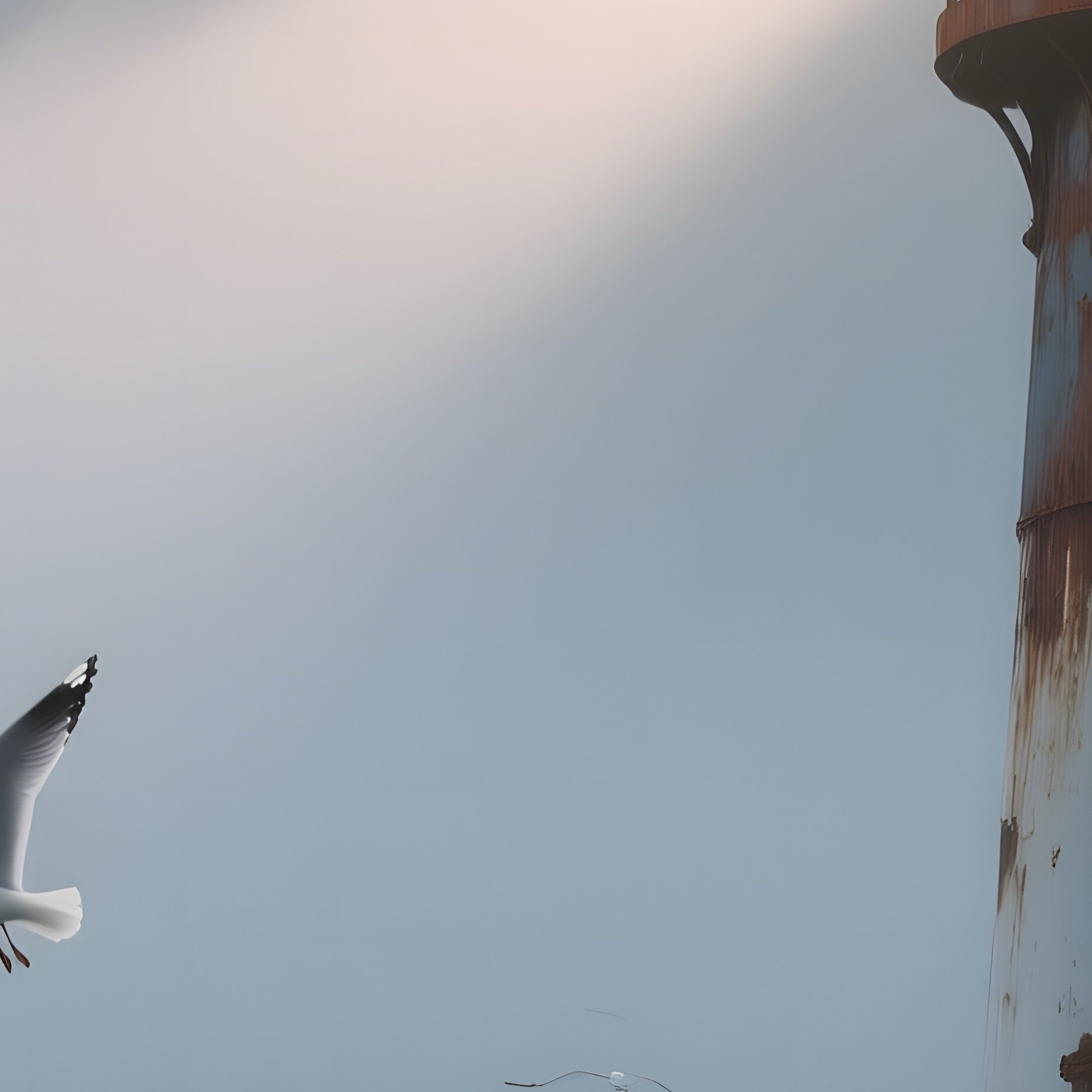 A Winged Guardian Angel Perched On A Rusted Lighthouse Lantern During A Foggy Night, The Beam - Full Resolution Quality Preview