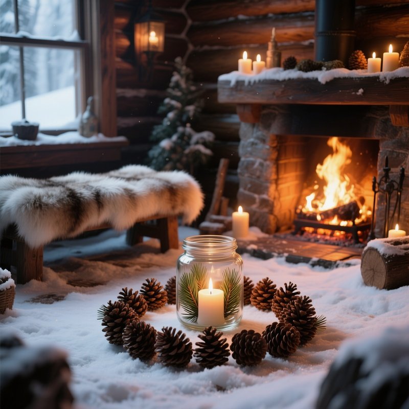A Winter Cabin Altar Beside A Roaring Fireplace, Fur‑Covered Bench, Pine Cones Arranged In A