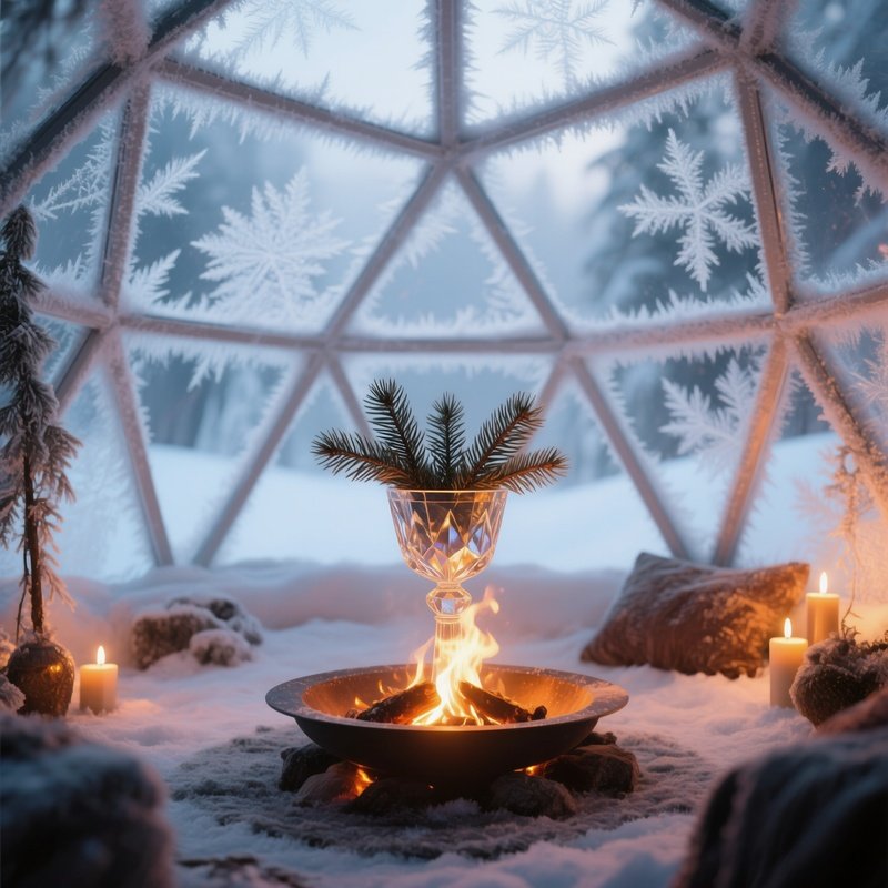 A Winter Solstice Altar Inside A Glass Igloo, Frost Patterns On Panes, A Crystal Chalice Filled