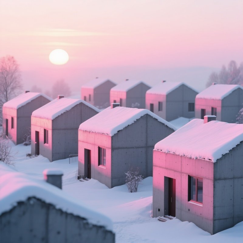 A Winter Sunrise Illuminating A Series Of Cubic Concrete Houses, Each Roof Covered In Fresh Powdery