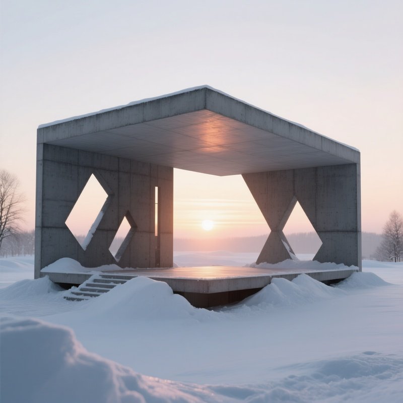 A Winter Sunrise Illuminating A Stark Concrete Pavilion With Bold Cutouts, Snow Piled Against Its