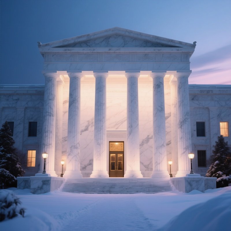 A Winter Twilight View Of A Massive White Marble Building With Towering Columns, Soft Lights