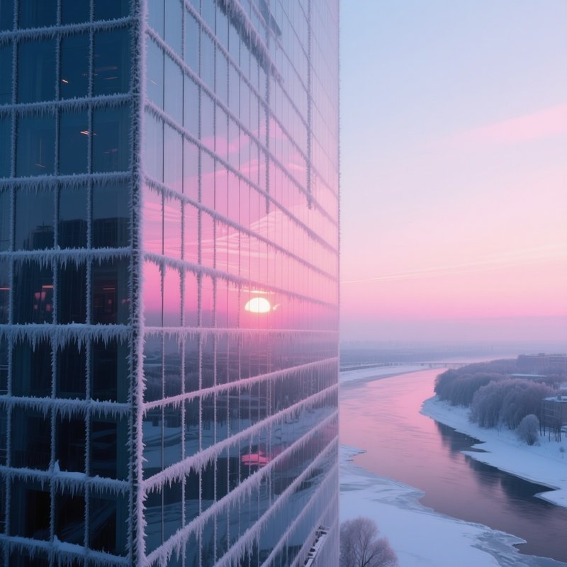 A Winter Twilight View Of An Angular Glass Skyscraper Covered In Frost, Its Mirrored Surfaces