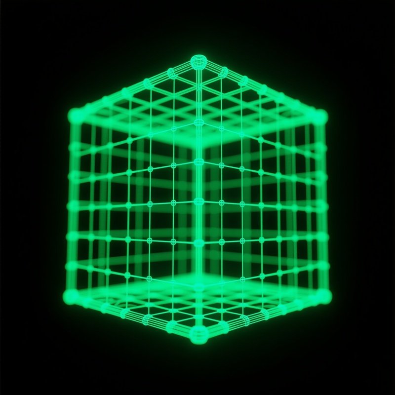 A Wireframe 3D Grid Glowing In Green On A Black Background, Representing  Cyberspace. 