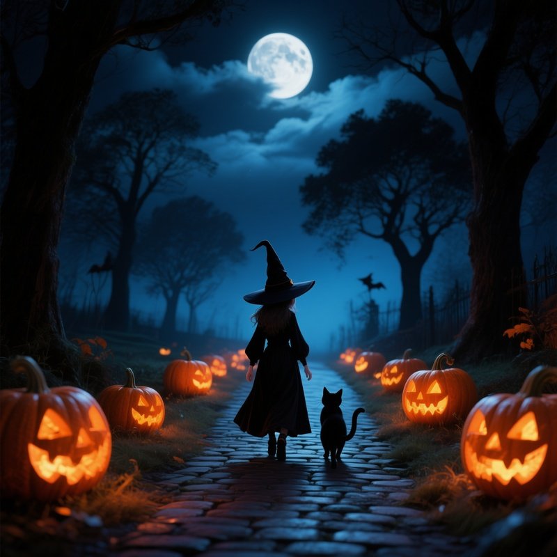 A Witch And A Cat Walking Down A Path Halloween Witch