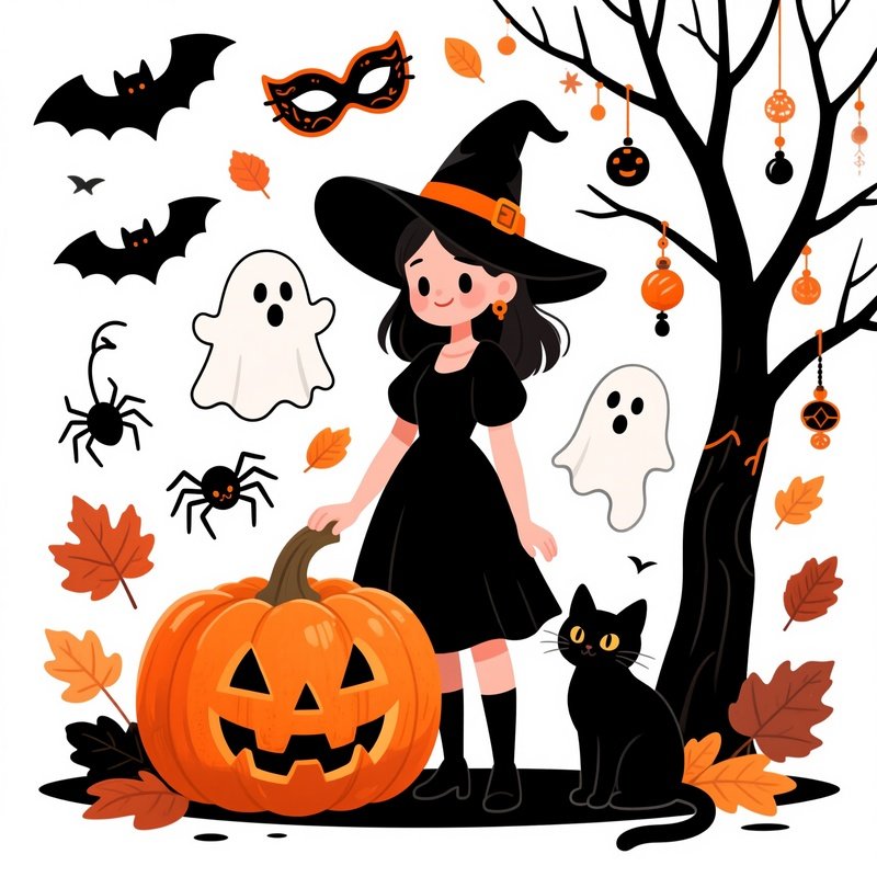 A Witch Character Surrounded By Halloween Themed Elements