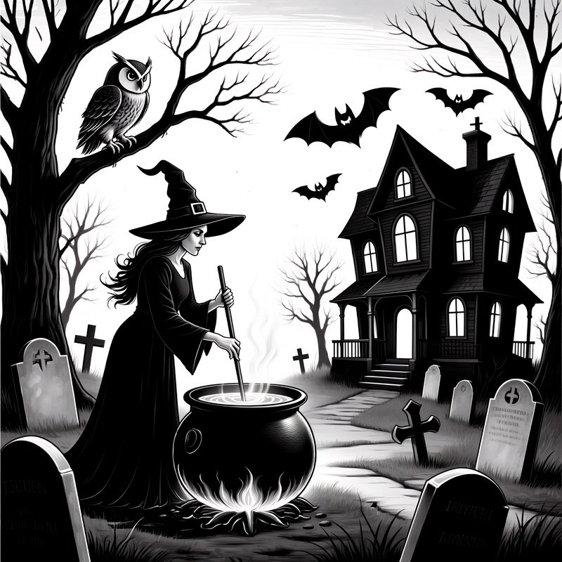 A Witch Preparing A Potion In Front Of A Haunted House Halloween