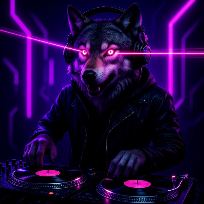 A Wolf Dj With Laser Eyes Mixing Beats