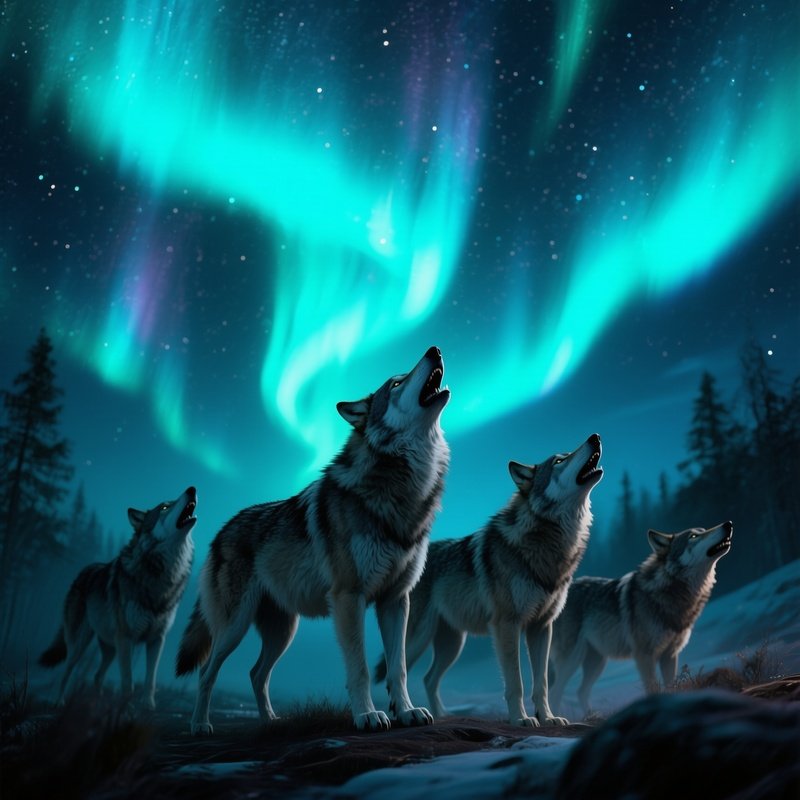 A Wolf Pack Howling Under Shimmering Northern Lights.