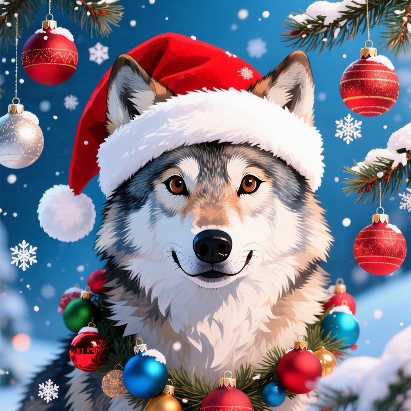 A Wolf Wearing A Santa Hat Christmas Wolf