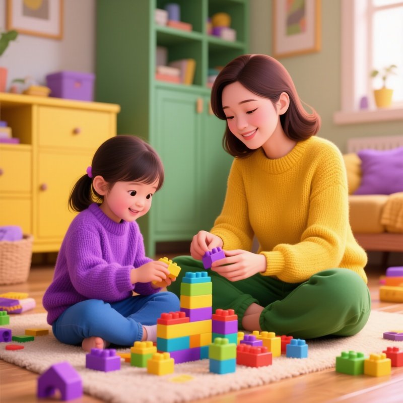 A Woman And A Child Playing With Blocks Family Playtime