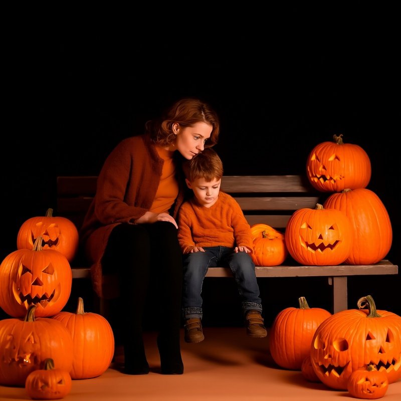 A Woman And A Child Sitting Among Carved Pumpkins Halloween Autumn