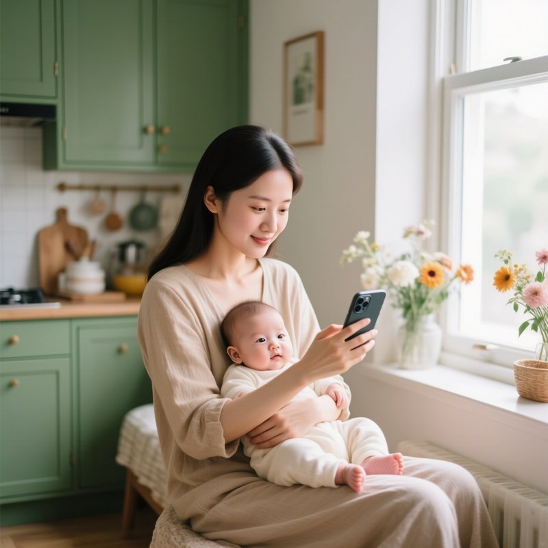 A Woman Holding A Baby While Looking At A Smartphone Motherhood