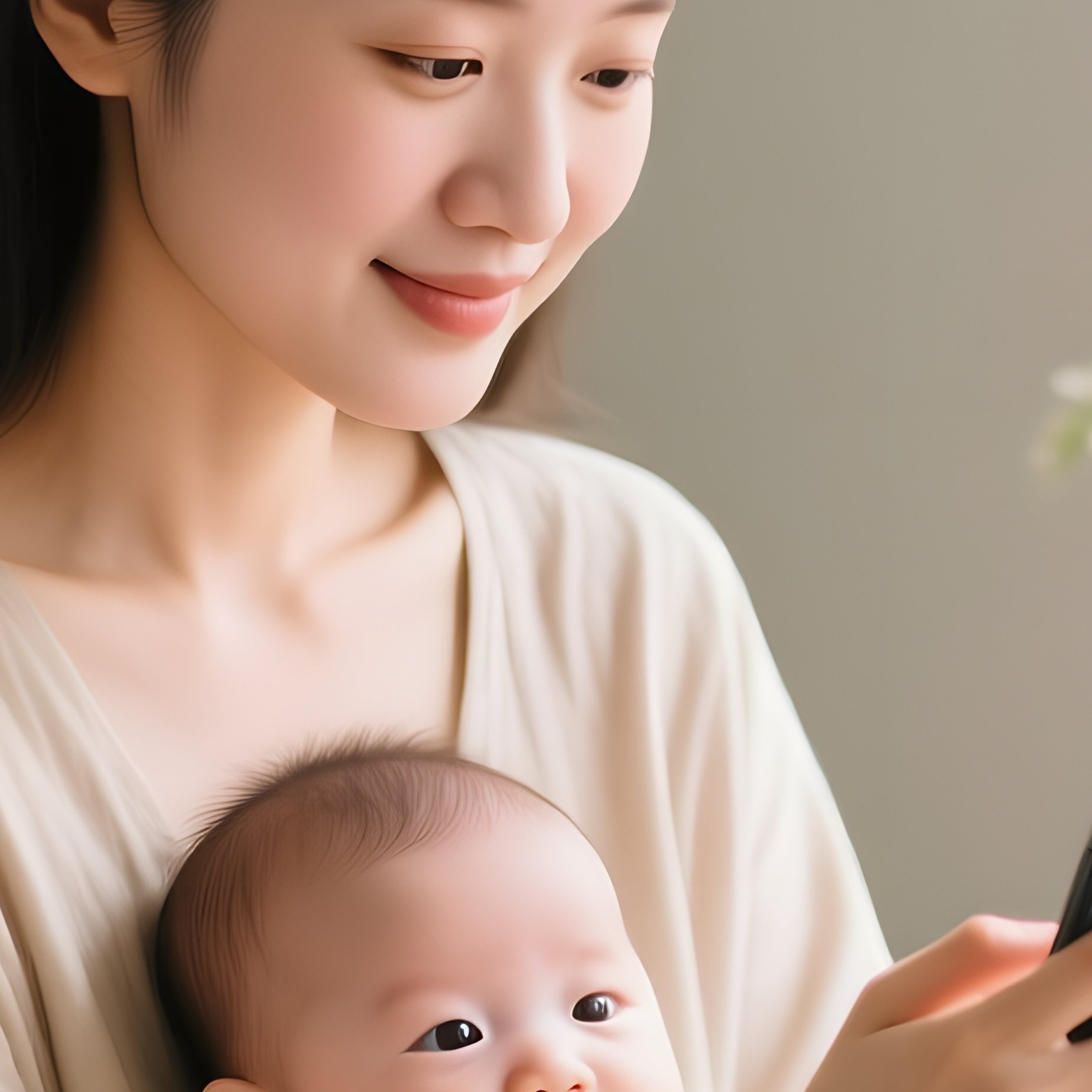 A Woman Holding A Baby While Looking At A Smartphone Motherhood - Full Resolution Quality Preview