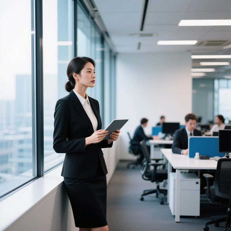 A Woman In A Professional Setting Holding A Tablet Business Office