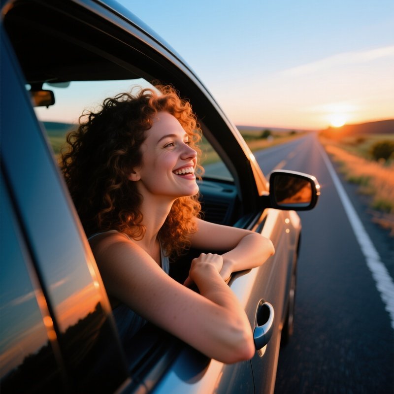 A Woman Leaning Out Of A Car Window Woman Car