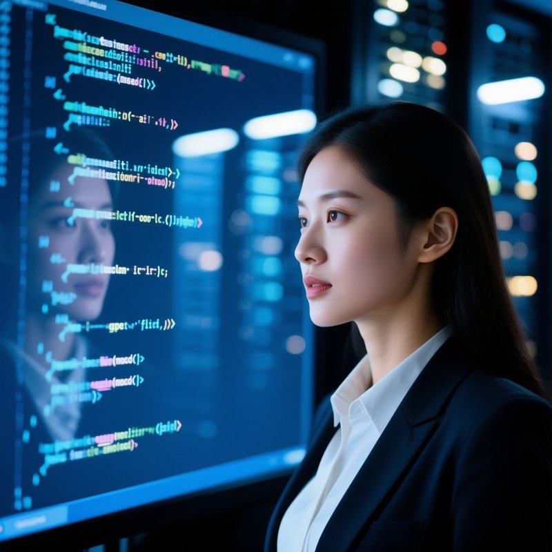 A Woman Looking At A Screen Filled With Code Technology
