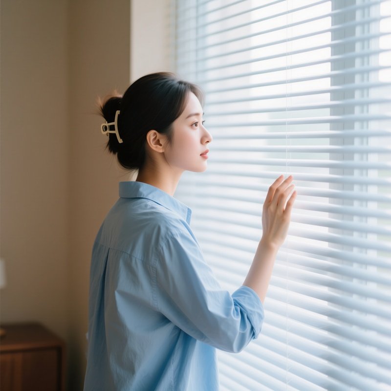A Woman Looking Through Window Blinds Woman Window