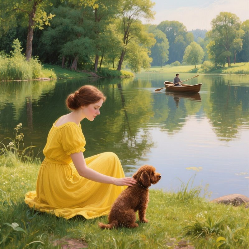A Woman Petting A Dog By A Lakeside Woman Dog