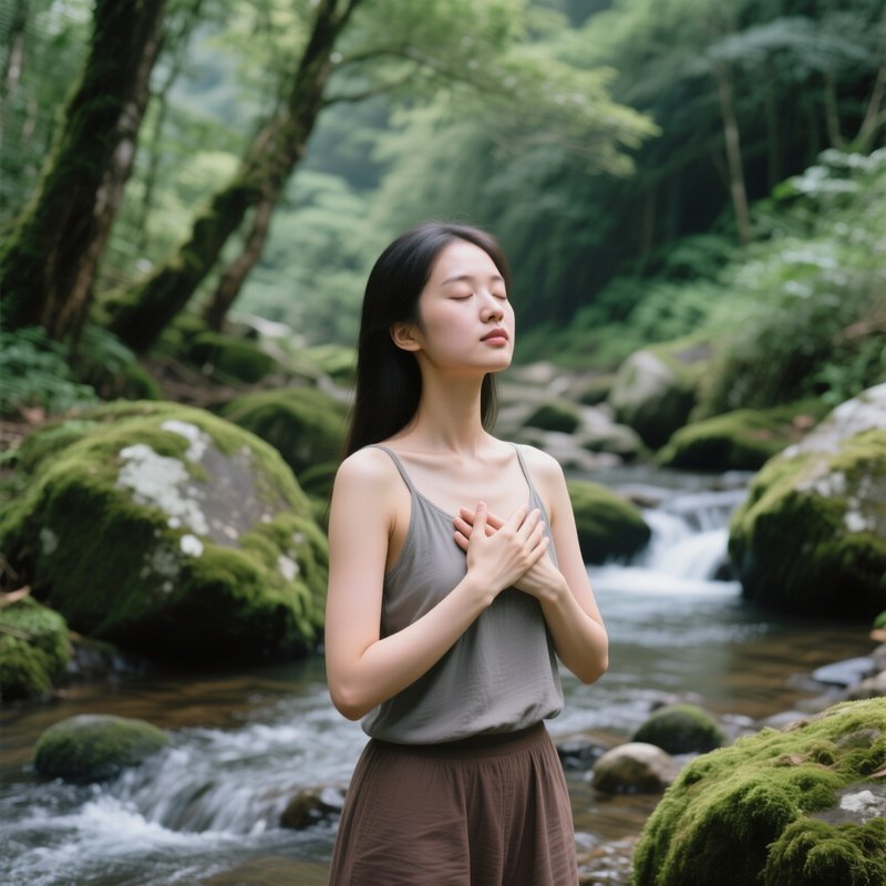 A Woman Practicing Meditation Or Deep Breathing Meditation Nature
