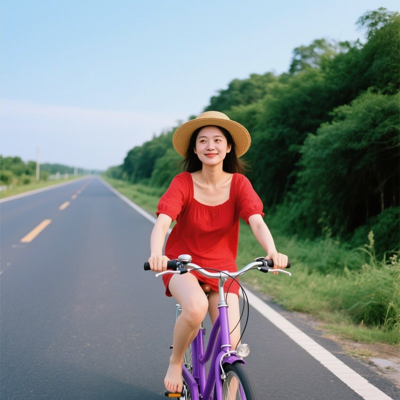 A Woman Riding A Bicycle On A Road Cycling Outdoors