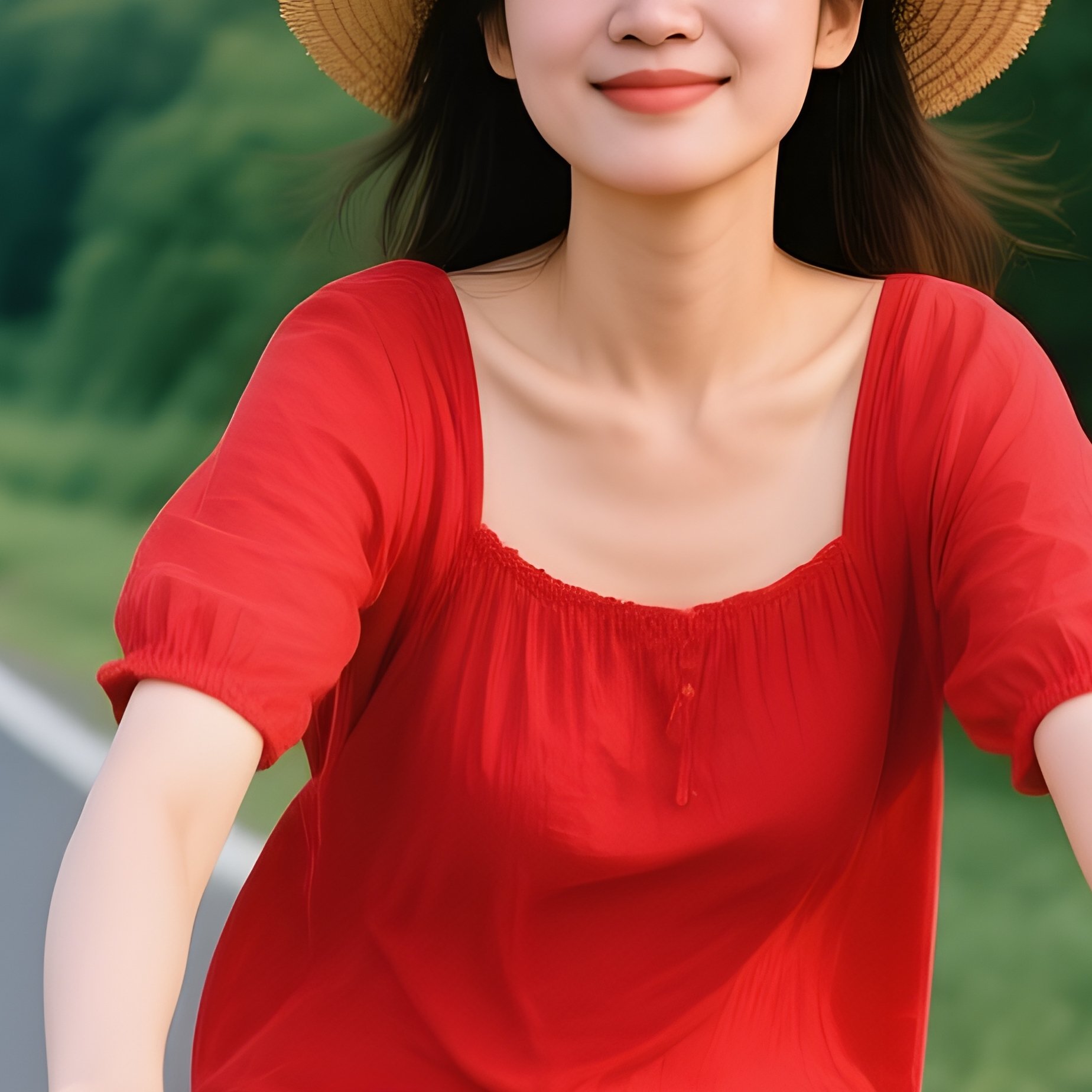 A Woman Riding A Bicycle On A Road Cycling Outdoors - Full Resolution Quality Preview