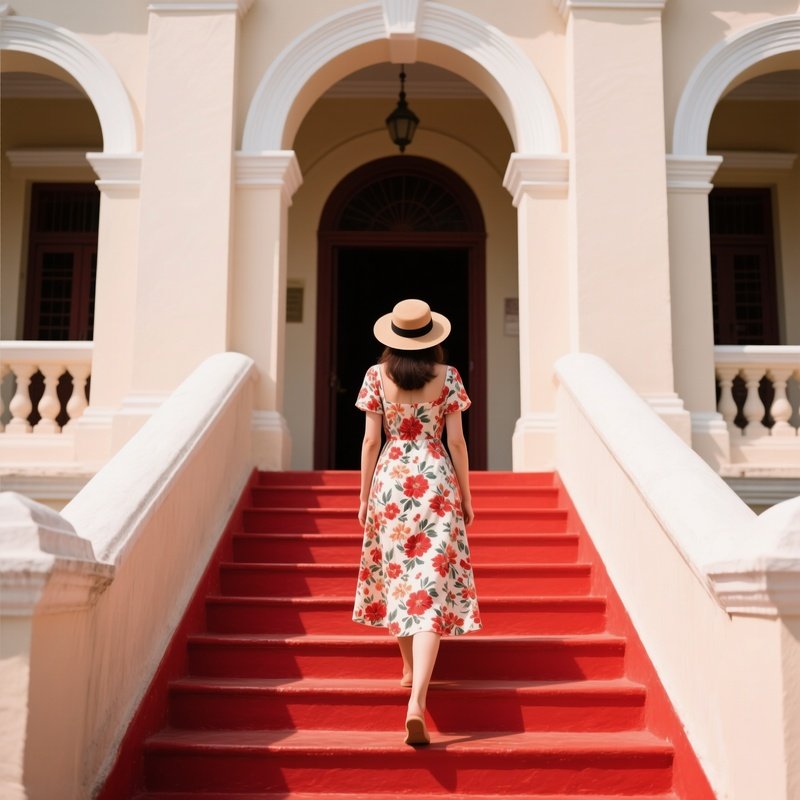 A Woman Walking Up A Set Of Stairs Towards An Entrance Woman