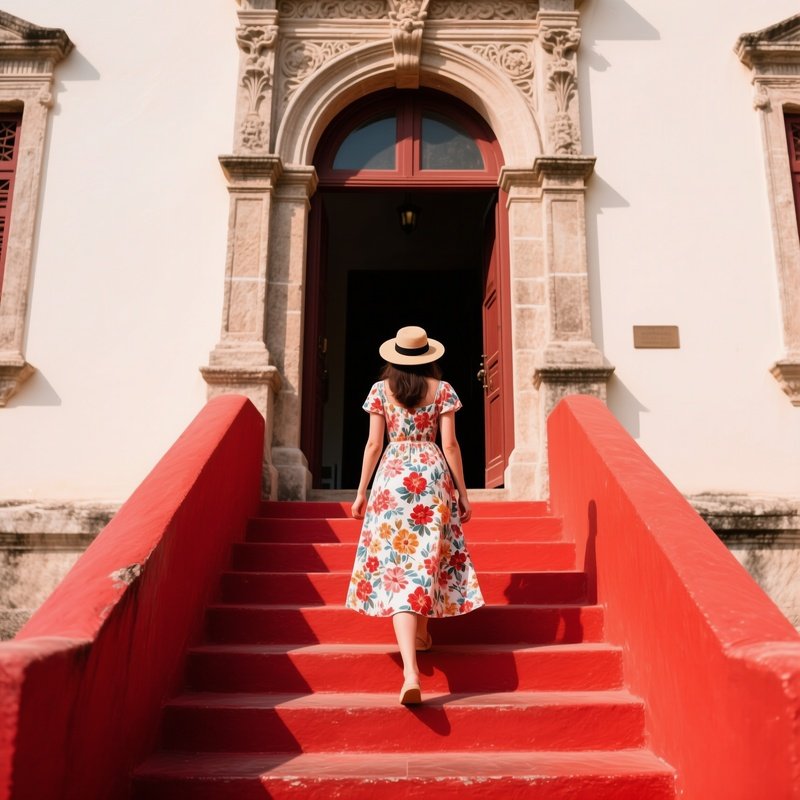 A Woman Walking Up A Staircase Towards An Entrance Woman Staircase