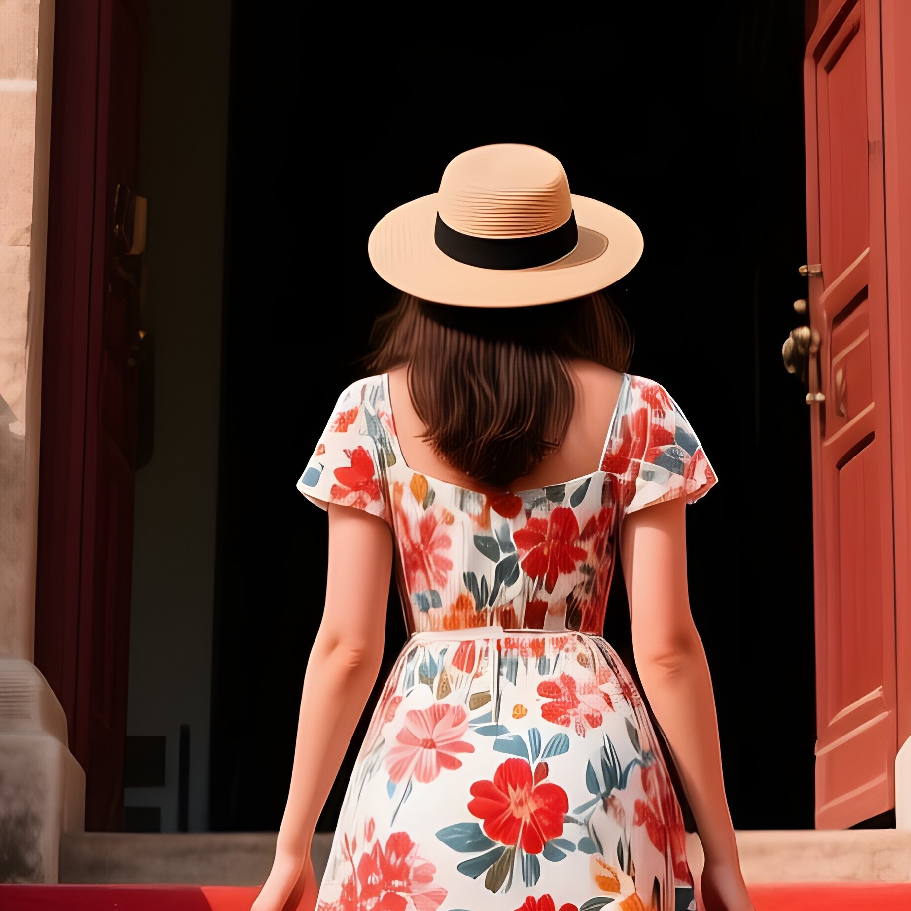 A Woman Walking Up A Staircase Towards An Entrance Woman Staircase - Full Resolution Quality Preview