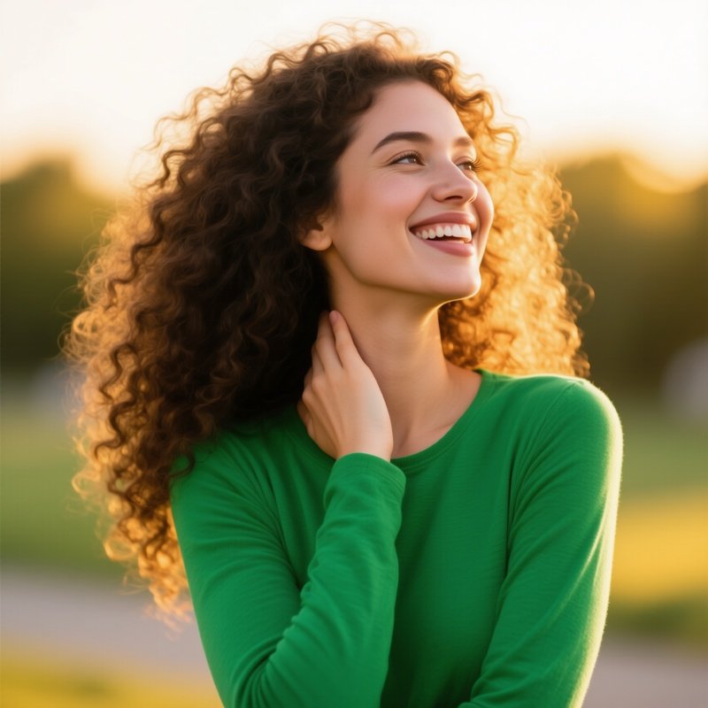 A Woman With Curly Hair And A Green Top Woman Curly Hair