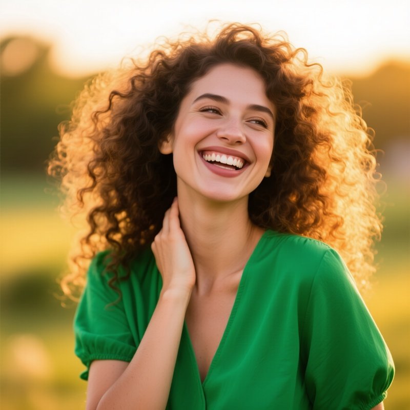 A Woman With Curly Hair Smiling Outdoors Woman Smiling