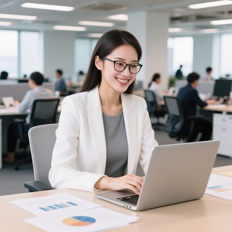A Woman Working On A Laptop In An Office Setting Office Workplace