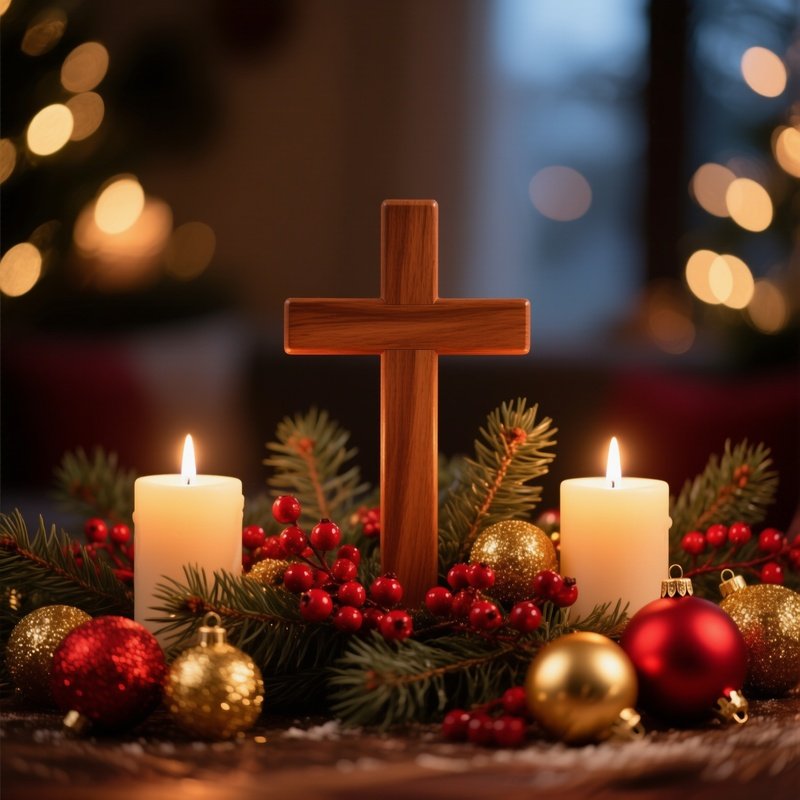 A Wooden Cross Surrounded By Christmas Decorations Christmas