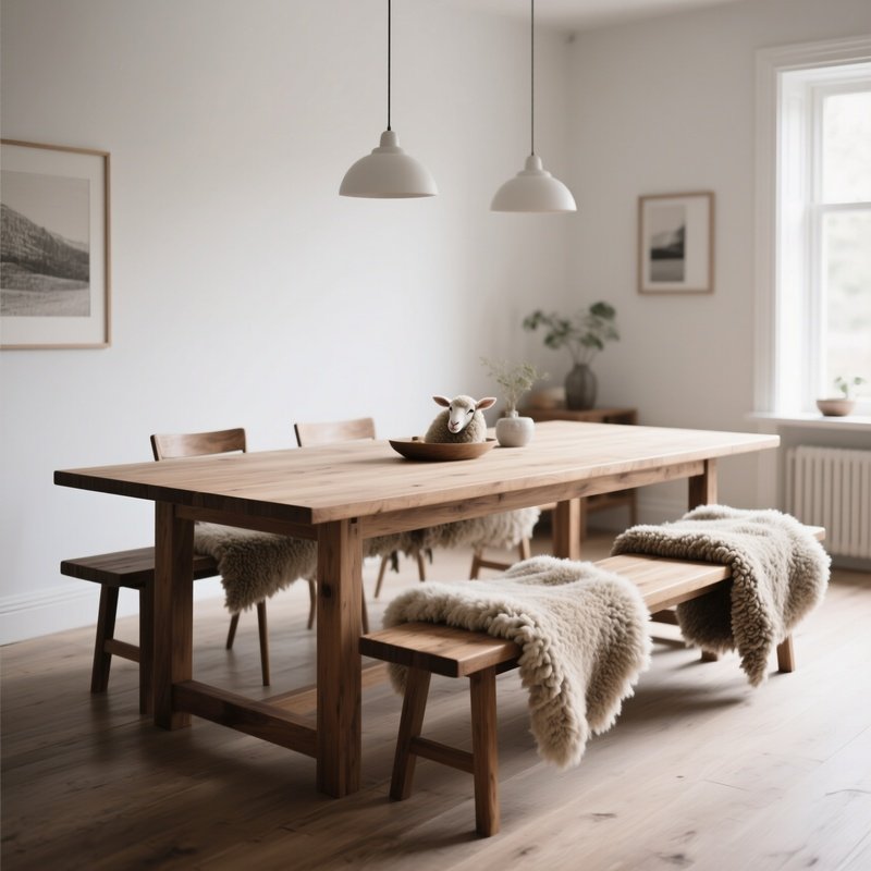 A Wooden Dining Bench Paired With A Long Rectangular Table, Featuring Sheepskin Throws For Added Comfort And Texture In A Scandinavian Inspired Dining Room.