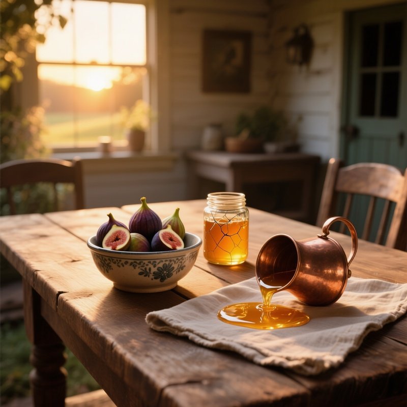 A Wooden Farmhouse Table Bathed In Golden Sunrise Light Holds A Vintage Ceramic Bowl Of Ripe Figs,