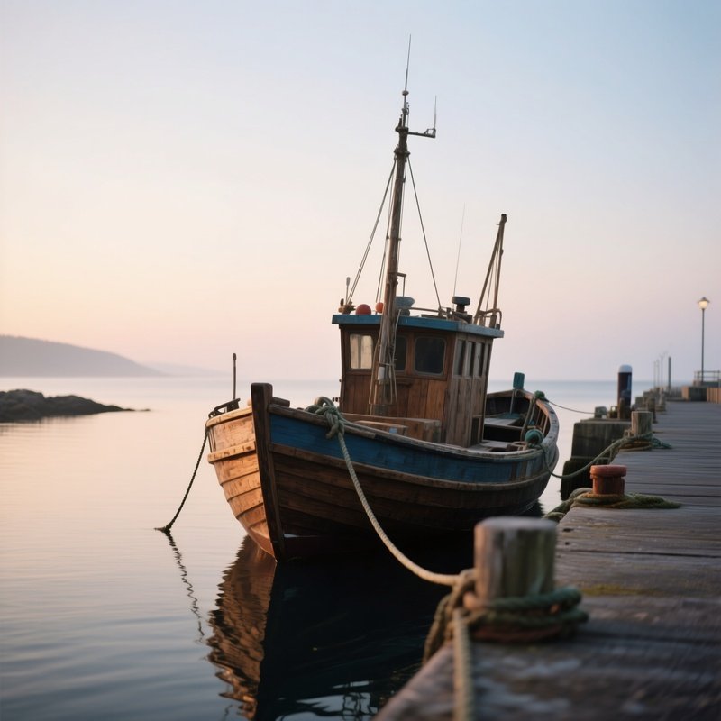 A Wooden Fishing Boat Tied To A Quiet Coastal Pier At Dawn