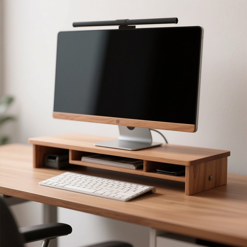 A Wooden Monitor Stand Placed On A Desk, Raising The Screen To Eye Level And Providing Storage Space For A Keyboard Underneath.