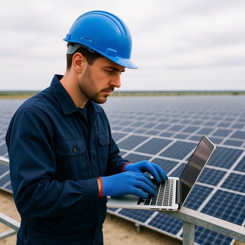 A Worker Using A Laptop At A Solar Panel Facility Solar Energy