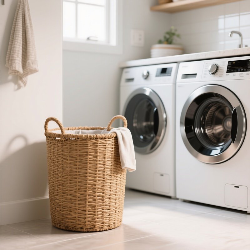 A Woven Seagrass Laundry Hamper Placed In A Bright Utility Room, Standing Next To A Modern Washing Machine And Dryer Setup.