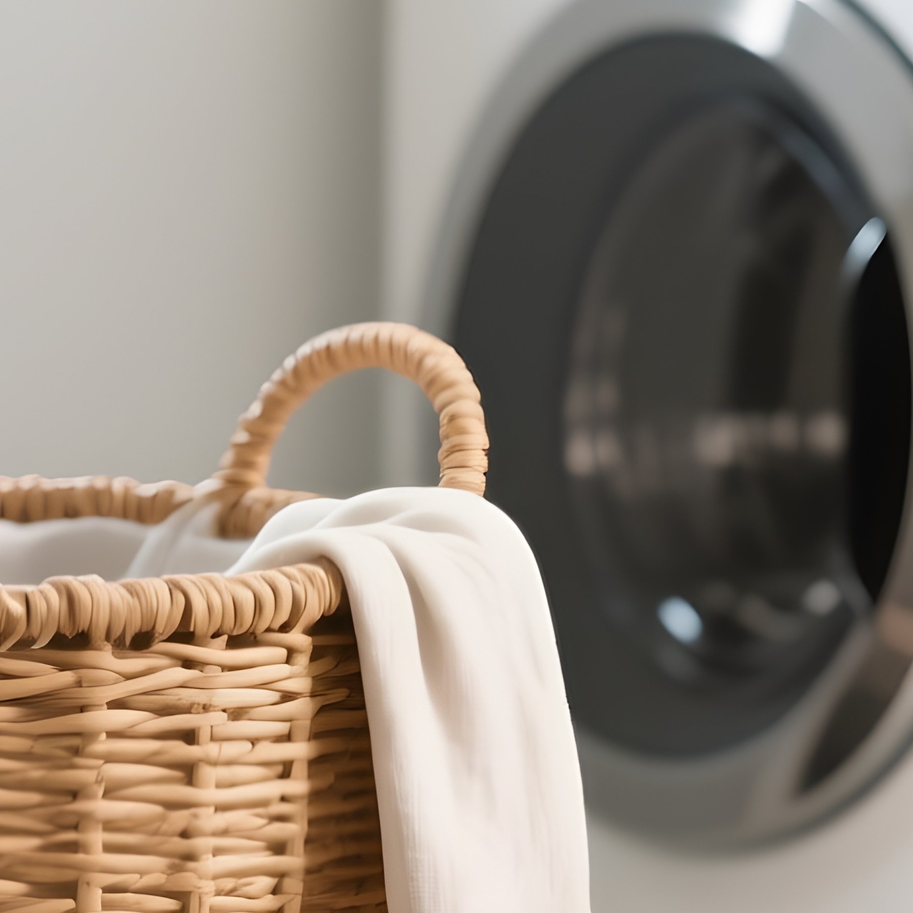 A Woven Seagrass Laundry Hamper Placed In A Bright Utility Room, Standing Next To A Modern Washing Machine And Dryer Setup. - Full Resolution Quality Preview
