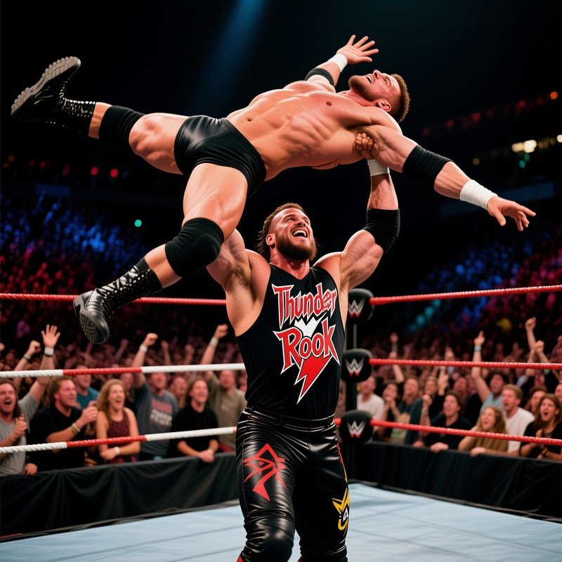 A Wrestler Lifting An Opponent Above A Roaring Crowd