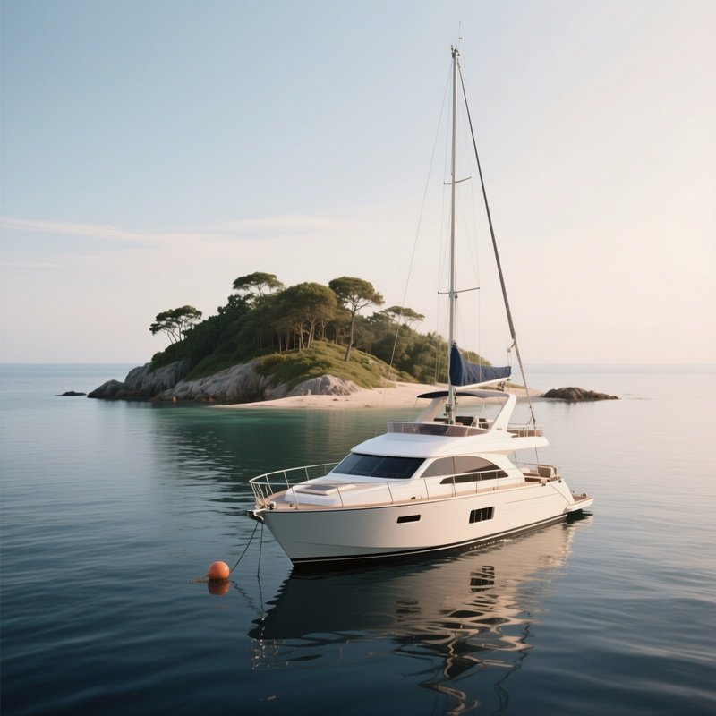 A Yacht Anchored Near A Tiny Uninhabited Island