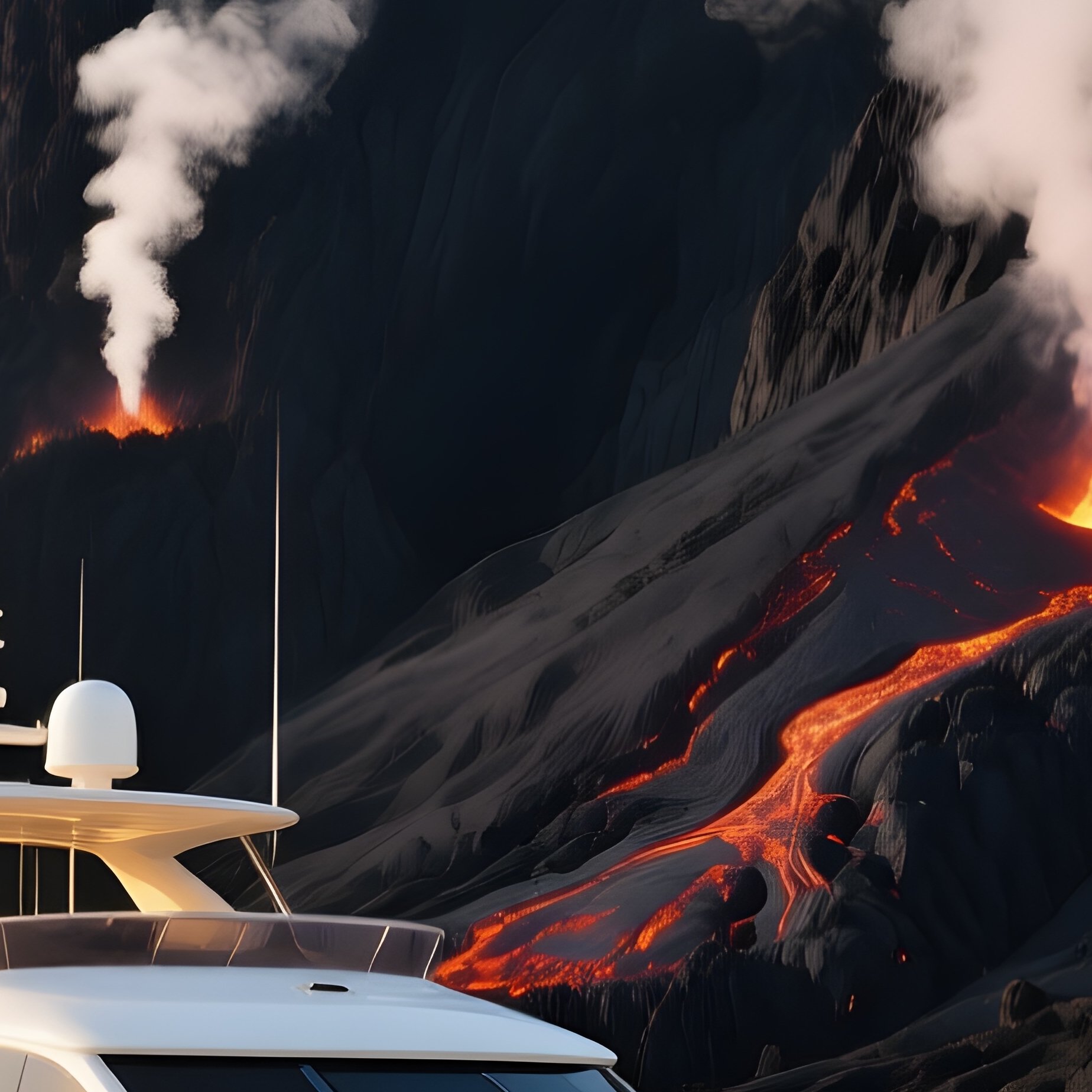 A Yacht Anchored Near A Volcanic Island Coastline - Full Resolution Quality Preview