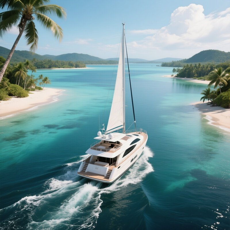 A Yacht Cruising Through A Wide Tropical Lagoon