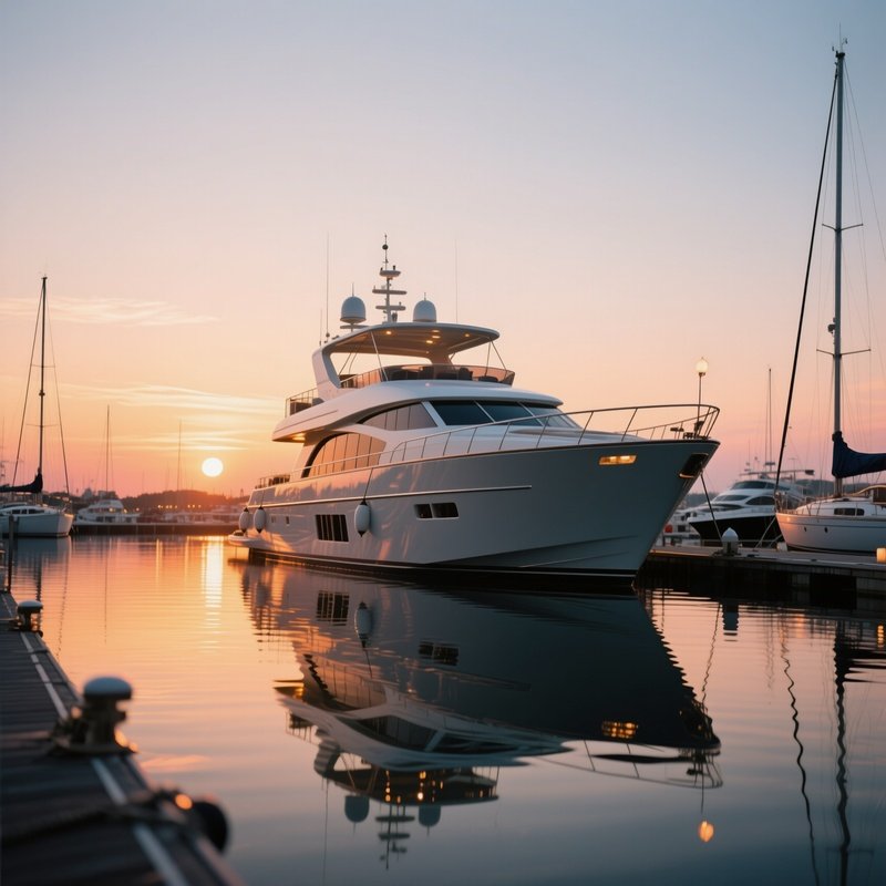 A Yacht Moored At A Sunset Lit Marina With Reflections On The Water