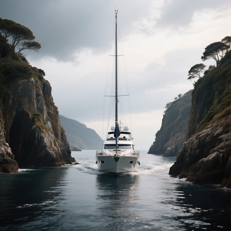 A Yacht Navigating Narrow Coastal Channels Under Cloudy Skies