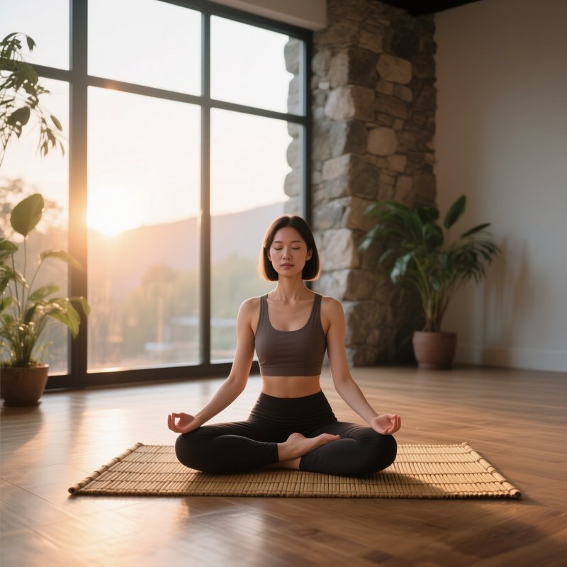 A Yoga Instructor With A Smooth Lob Sits Cross‑Legged On A Bamboo Mat In A Serene Studio, Sunrise